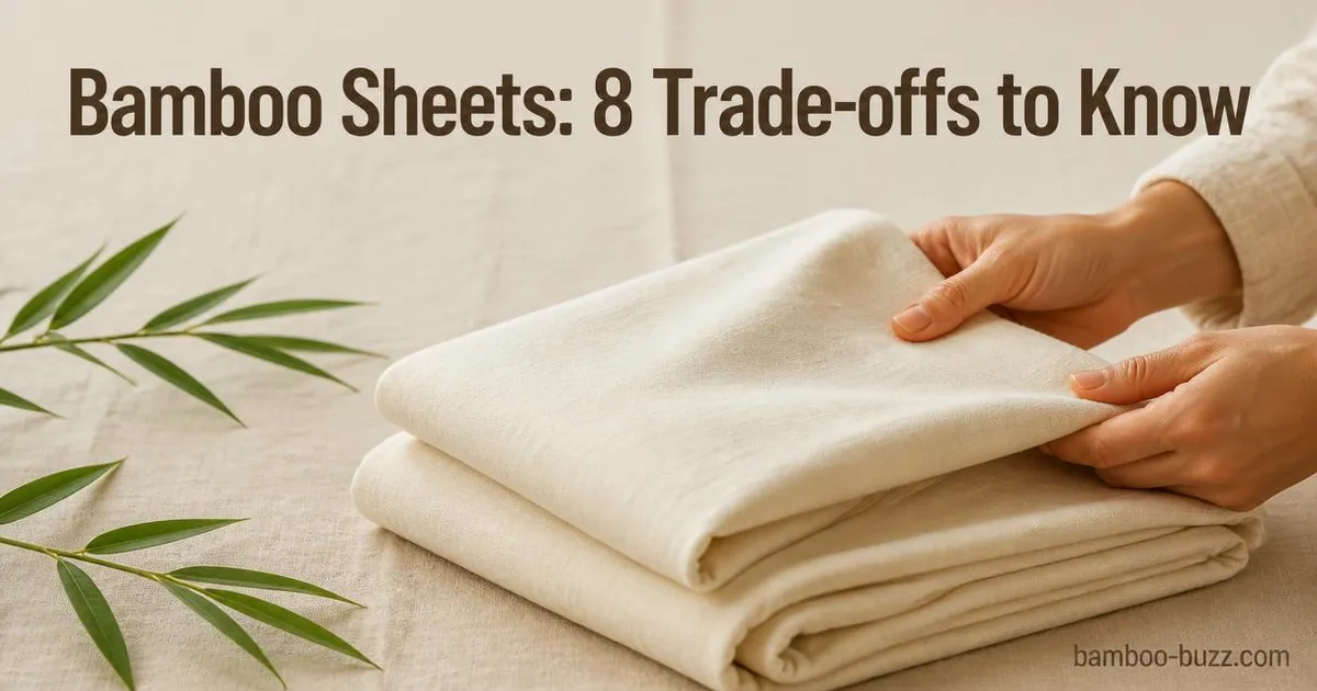 Folded bamboo bed sheets with visible texture and green bamboo leaves on natural linen background with title text overlay