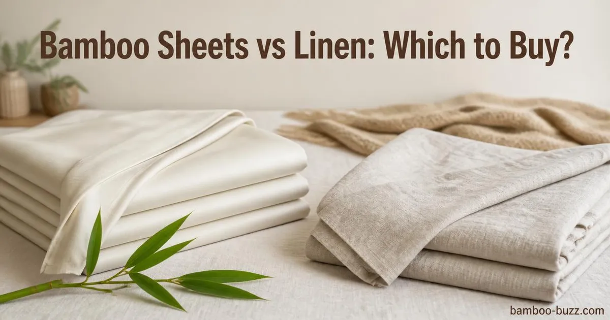 Folded bamboo sheets with bamboo sprig beside folded linen sheets on neutral linen background with soft natural light