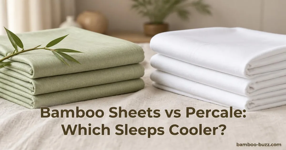 Folded bamboo sheets with bamboo sprig next to crisp percale sheets on natural linen background with title text overlay