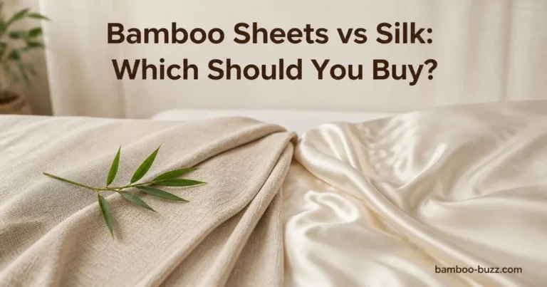 Folded bamboo sheets with a bamboo sprig and smooth silk sheets side by side on a bed with linen background