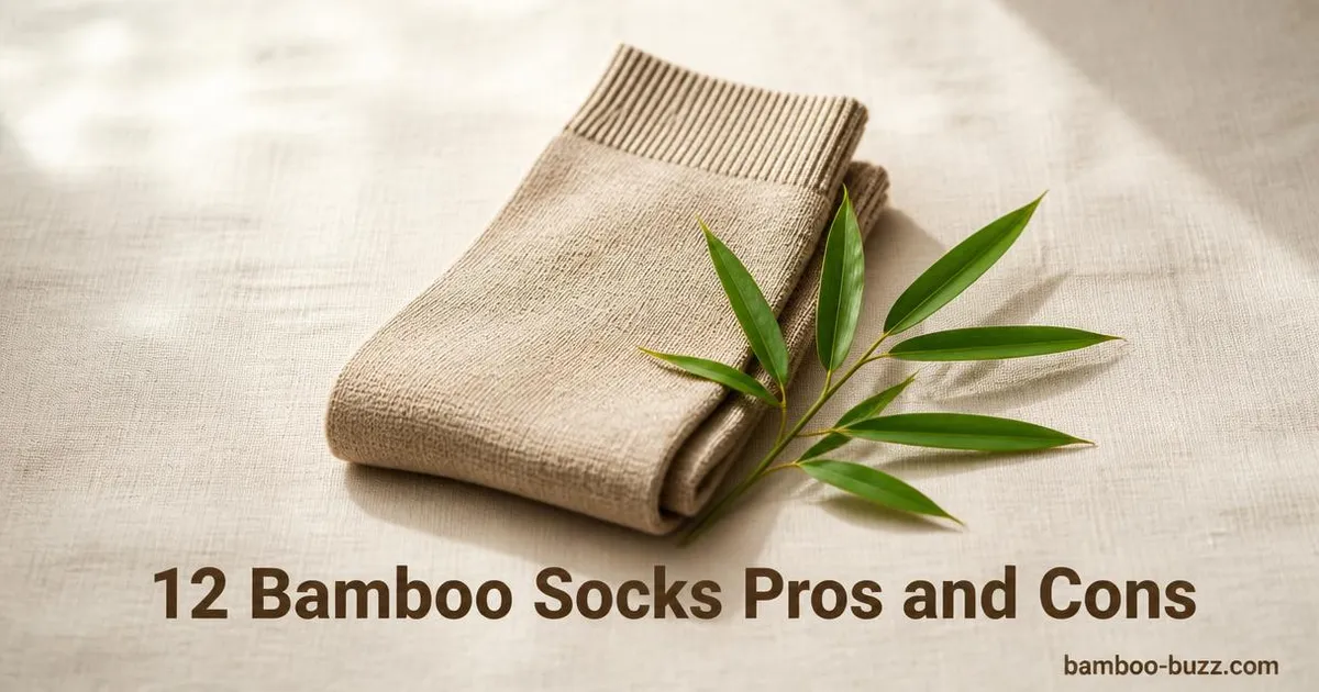 Folded bamboo socks on natural linen background with bamboo leaf sprig nearby and article title text overlay