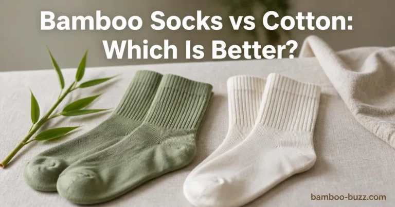 Side by side bamboo and cotton socks on natural linen surface with bamboo sprig and text overlay