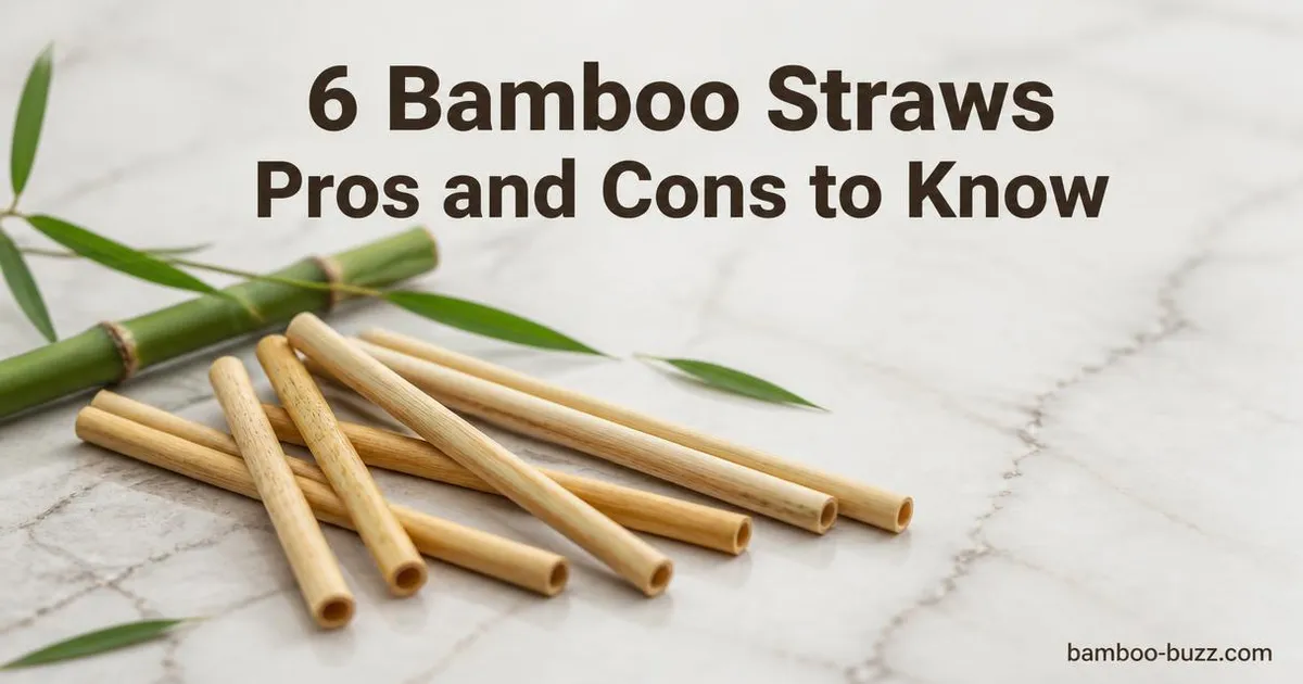 Close-up of natural bamboo straws with bamboo leaves and stalk on light marble surface and title text overlay