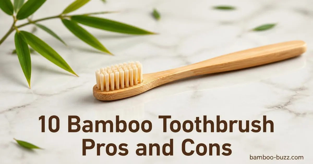 bamboo toothbrush with visible grain on light marble surface next to bamboo leaves with text overlay and bamboo-buzz.com watermark