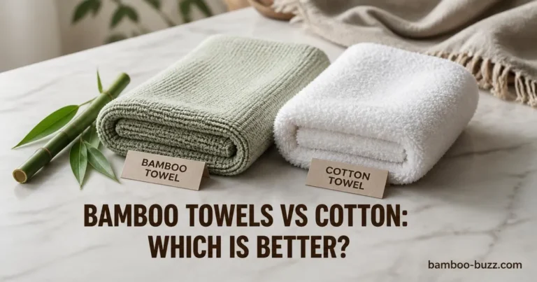 Side by side folded bamboo and cotton towels on light marble with bamboo stalk and leaves nearby