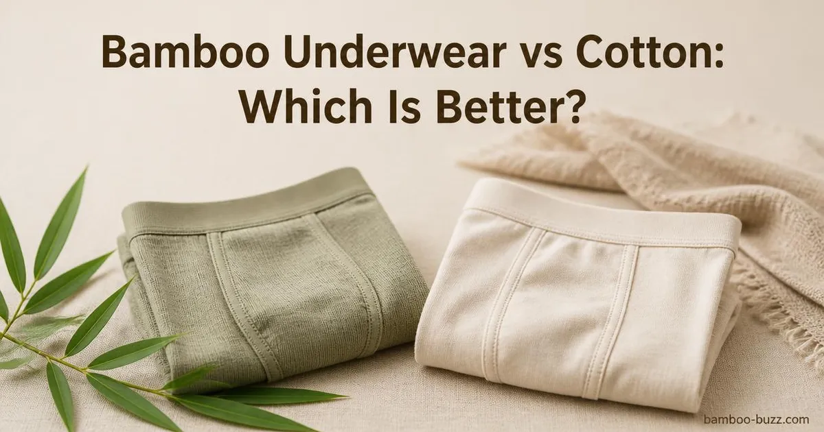 Two pairs of underwear side by side on linen fabric with bamboo leaves next to bamboo underwear and visible fabric textures
