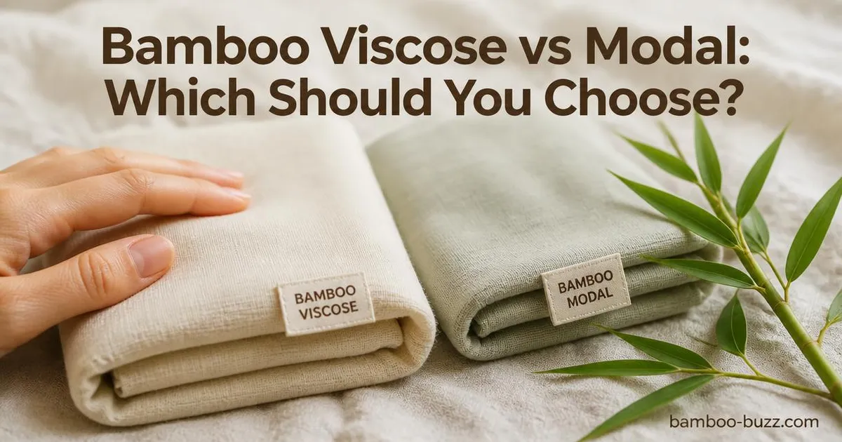 folded bamboo viscose and modal fabrics side by side with bamboo sprig on natural linen background and text overlay