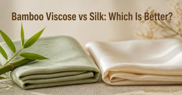 Folded bamboo viscose and silk fabrics side by side on linen with a small bamboo sprig visible and natural soft lighting