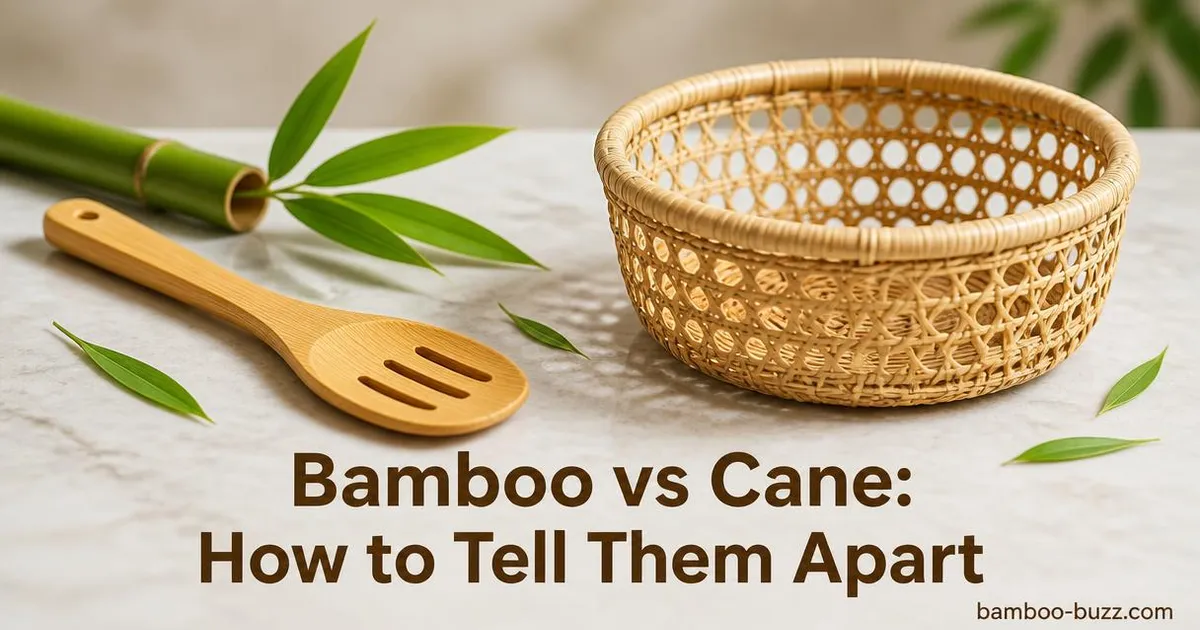 bamboo utensil with bamboo leaves and woven cane basket side by side on light marble surface