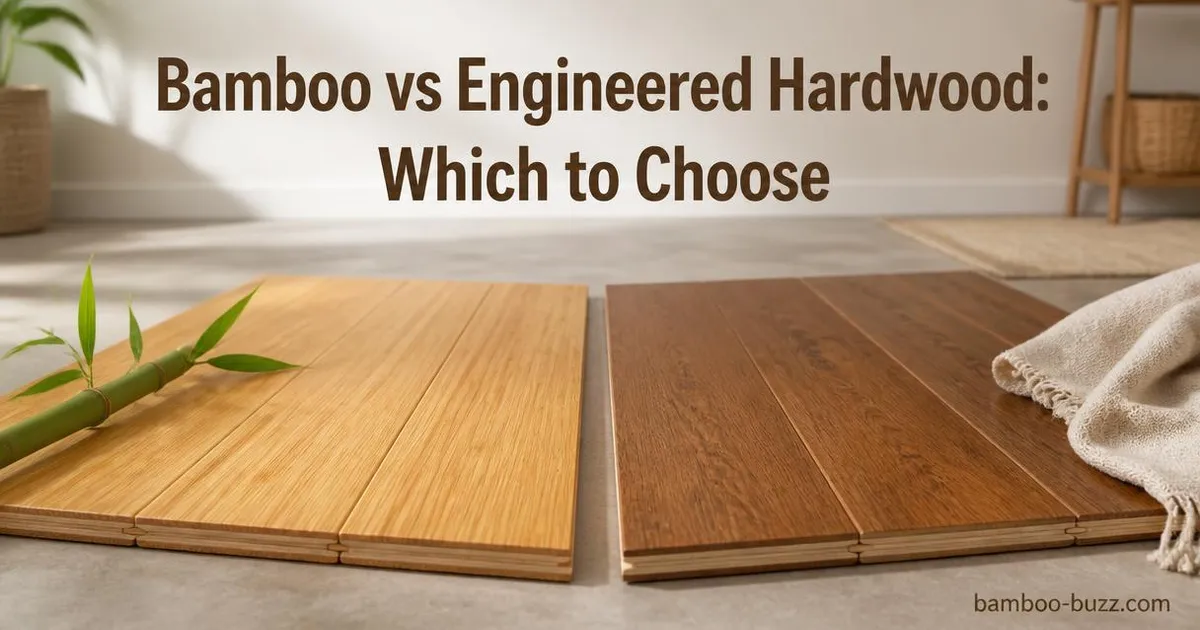 Side-by-side close angled shot of bamboo flooring with bamboo stalk and engineered hardwood flooring on neutral background with title text overlay