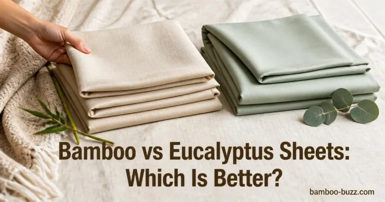 Folded bamboo and eucalyptus sheets side by side with bamboo sprig and eucalyptus leaves on natural linen background