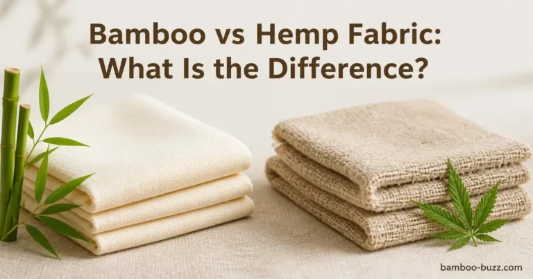 folded bamboo fabric with bamboo sprig beside folded hemp fabric with hemp leaf on light linen background with comparison title text