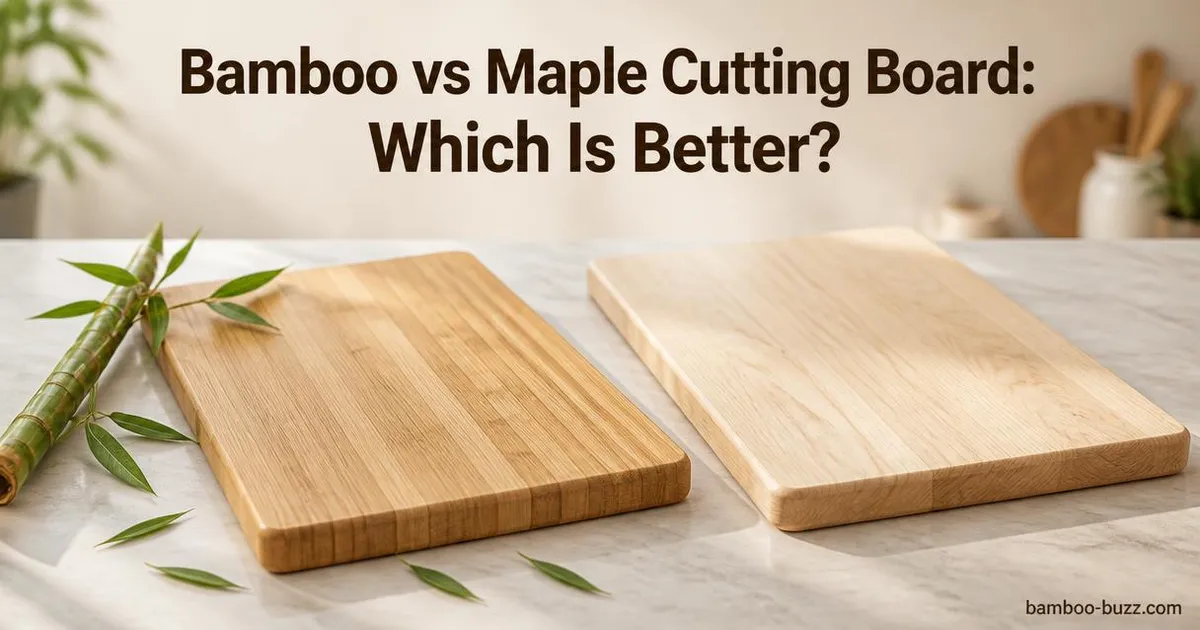 Side by side bamboo and maple cutting boards on marble counter with bamboo stalk and leaves nearby