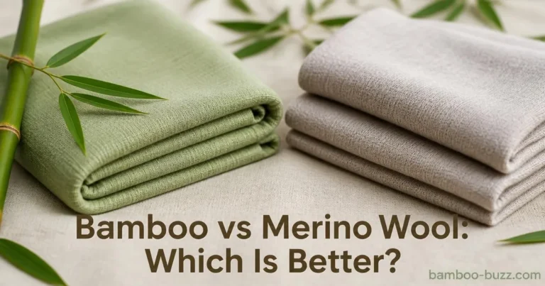 Folded bamboo textile fabric with bamboo sprig beside folded merino wool cloth on natural linen background with title text overlay