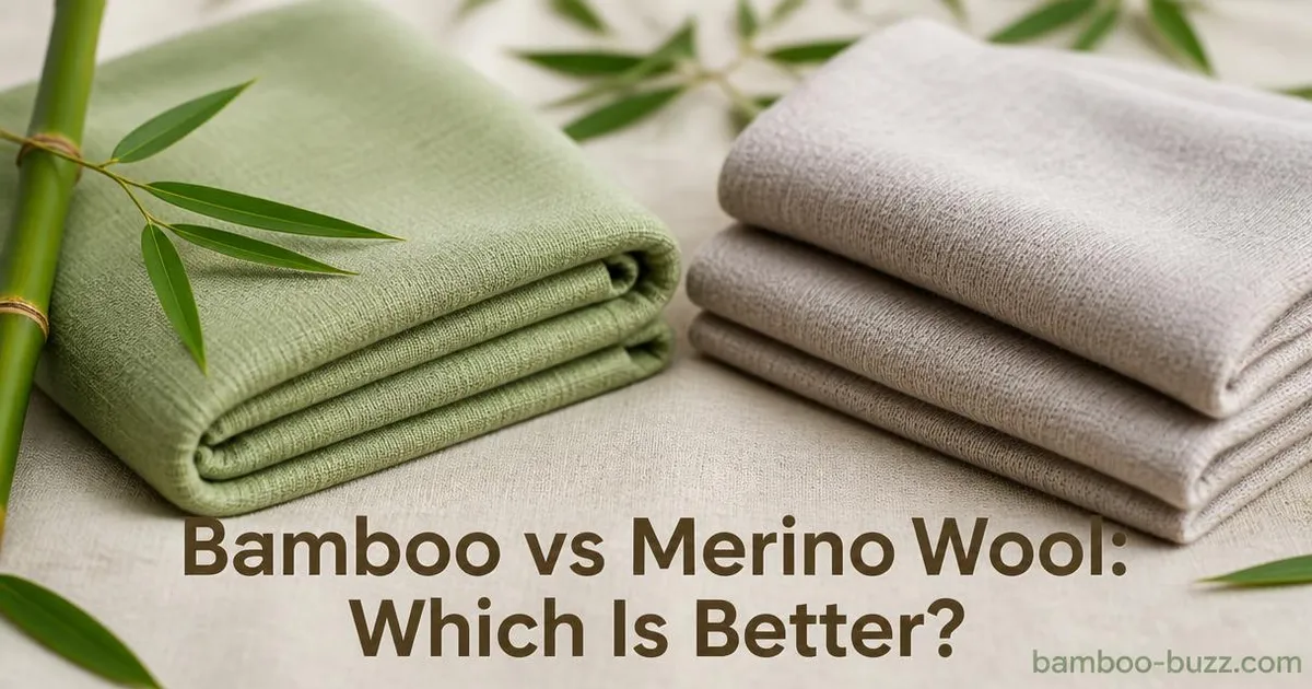Folded bamboo textile fabric with bamboo sprig beside folded merino wool cloth on natural linen background with title text overlay