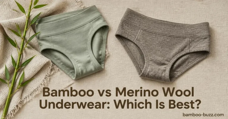 Folded bamboo and merino wool underwear side by side on natural linen with bamboo stalk and clear fabric textures