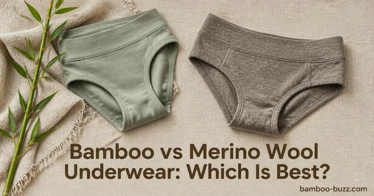Folded bamboo and merino wool underwear side by side on natural linen with bamboo stalk and clear fabric textures