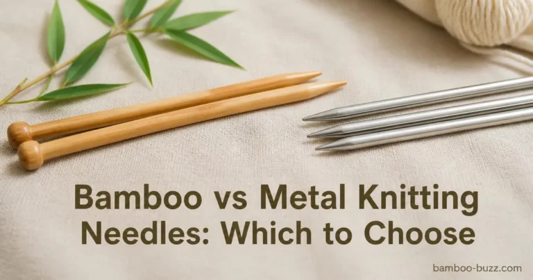 bamboo knitting needles with bamboo sprig alongside shiny metal knitting needles on light linen background