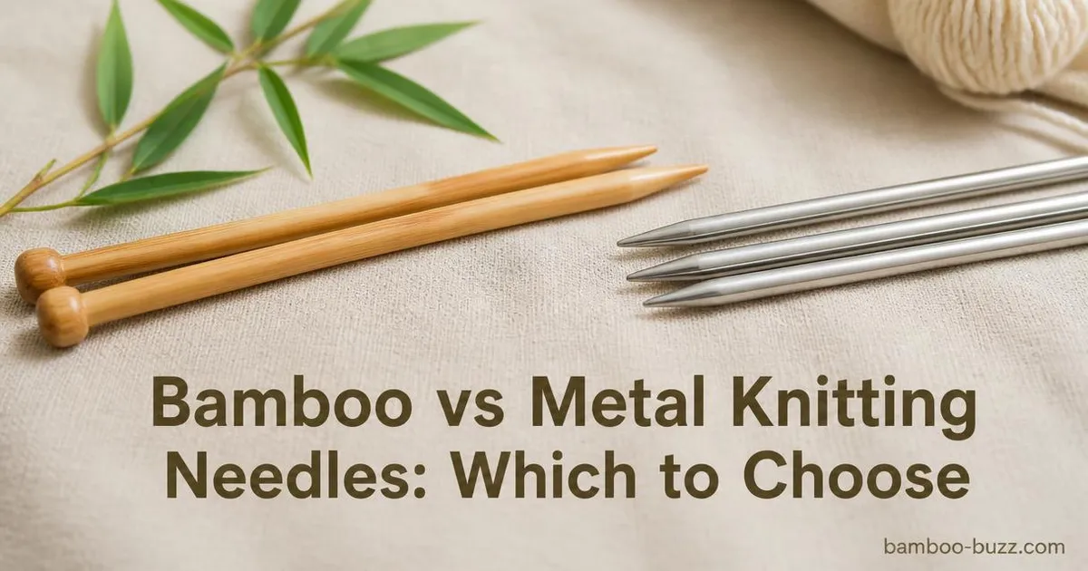 bamboo knitting needles with bamboo sprig alongside shiny metal knitting needles on light linen background