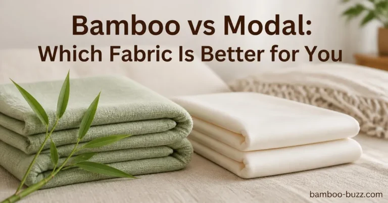 Folded bamboo fabric with bamboo sprig beside folded modal fabric on natural linen background in soft bedroom setting