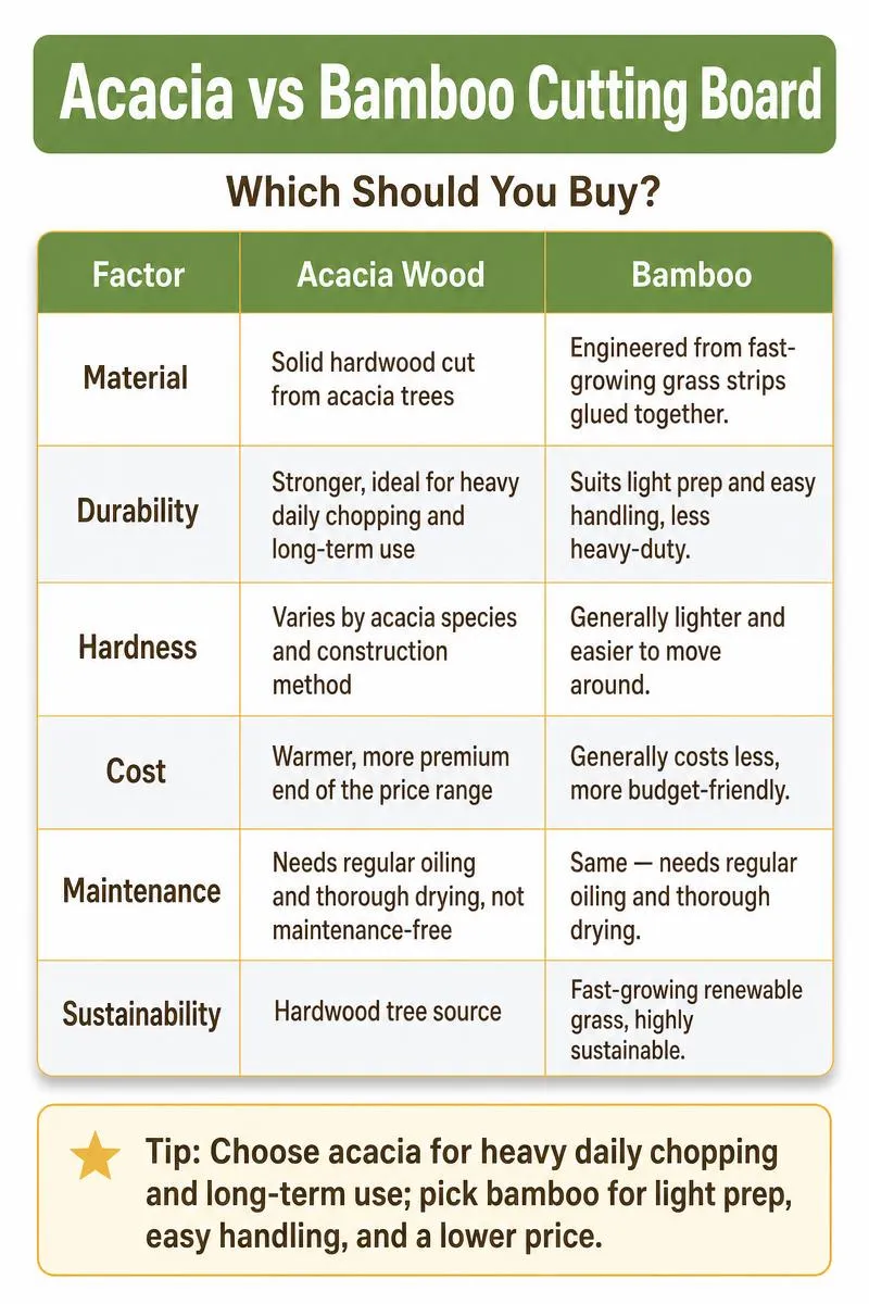Acacia vs bamboo cutting board comparison infographic with durability, cost, care, and sustainability data.