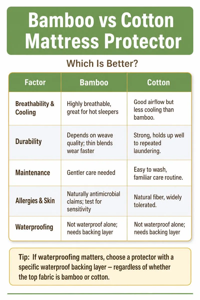 Bamboo vs Cotton mattress protector comparison infographic with breathability, durability, and allergy factors
