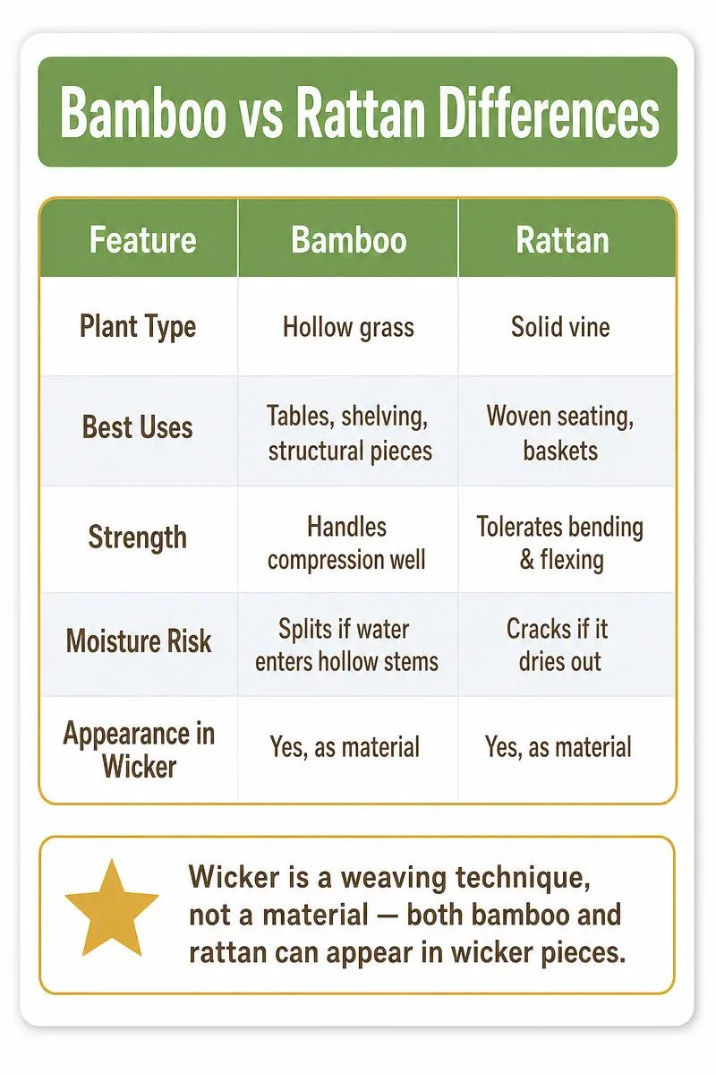 Infographic comparing bamboo vs rattan: plant type, uses, strength, moisture risks, and wicker facts