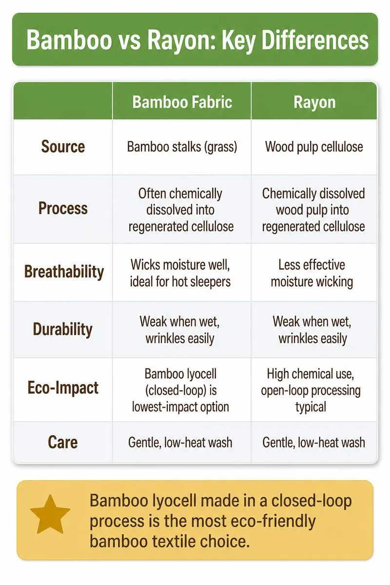 Comparison infographic of bamboo fabric vs rayon covering source, process, breathability, durability, eco-impact, and care, with a tip about bamboo lyocell.
