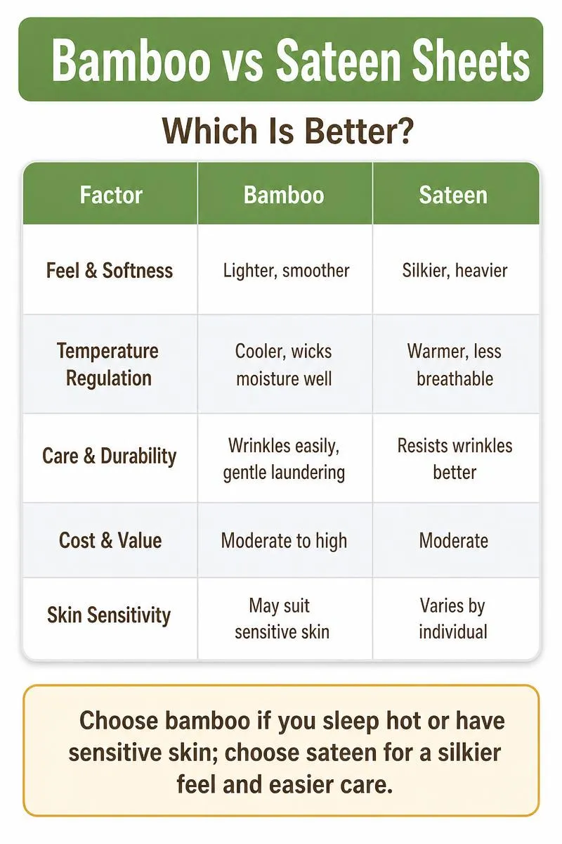 Infographic comparing bamboo vs sateen sheets across feel, temperature, care, cost, and skin sensitivity with buying tip