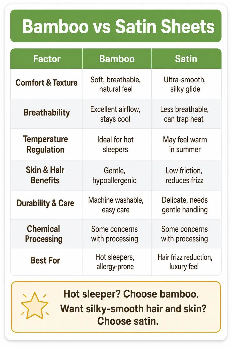 Infographic comparing bamboo vs satin sheets across comfort, breathability, skin and hair benefits, durability, and care
