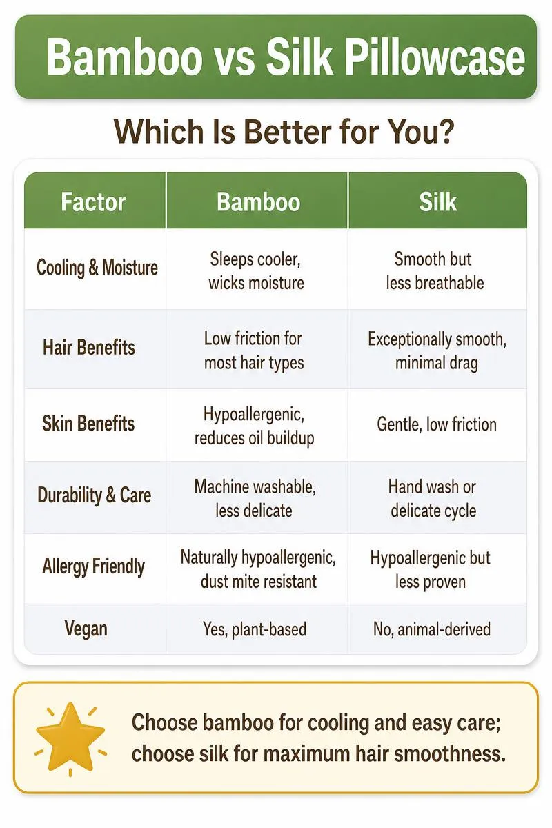 Infographic comparing bamboo vs silk pillowcases on cooling, hair, skin, care, allergies, and vegan status with a buying tip.