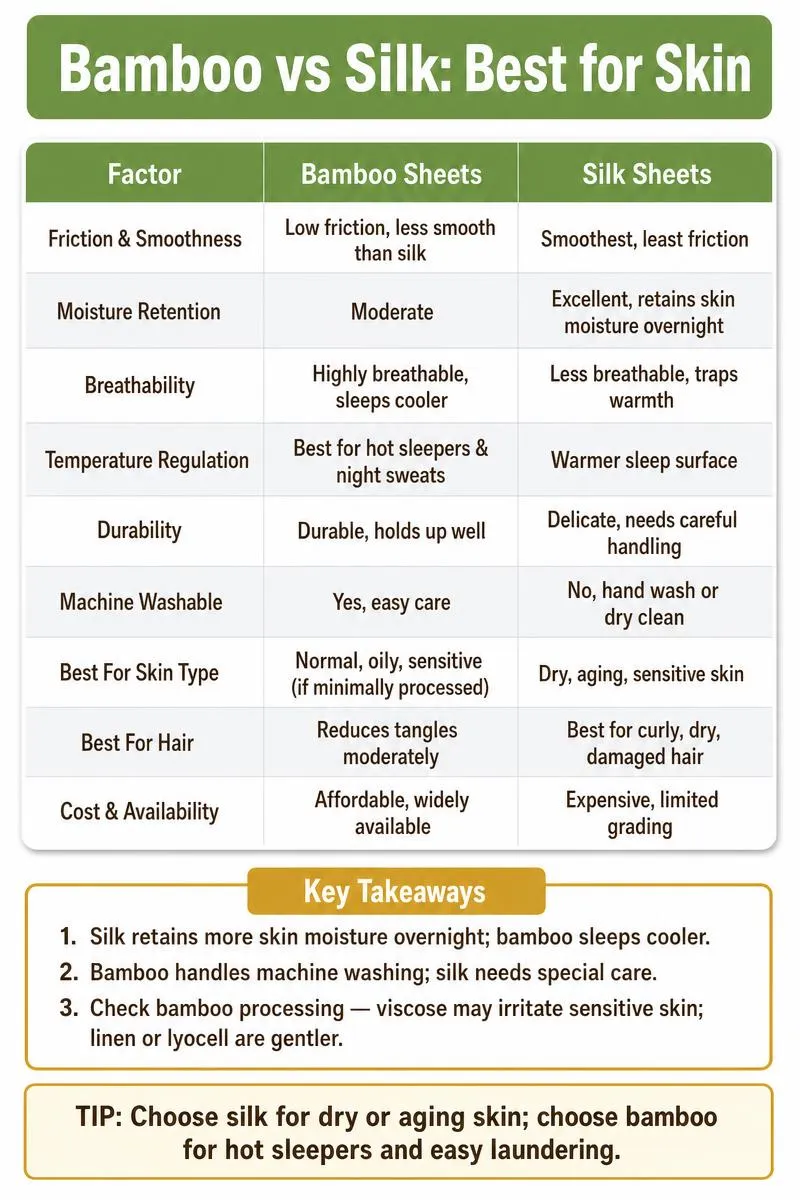Infographic comparing bamboo vs silk sheets for skin and hair benefits, with key takeaways and buying tip.