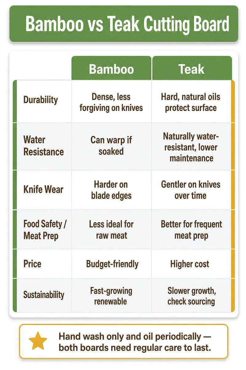 Bamboo vs Teak cutting board comparison infographic with durability, water resistance, price, and maintenance tips