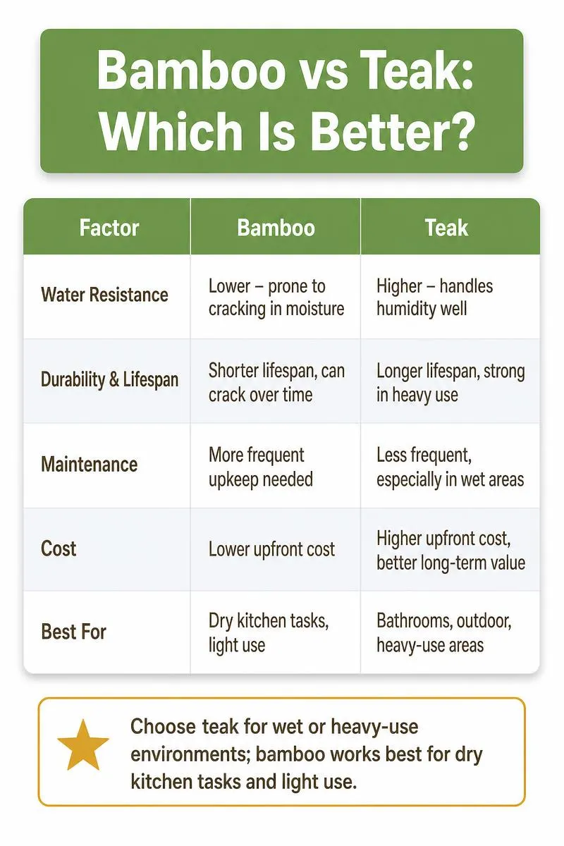 Infographic comparing bamboo vs teak: water resistance, durability, maintenance, cost, and best uses, with a buying tip.