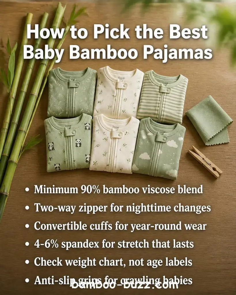 Folded sage green and cream baby bamboo pajamas with bamboo stalks and fabric swatches on a warm light wood surface in soft natural light - best baby bamboo pajamas