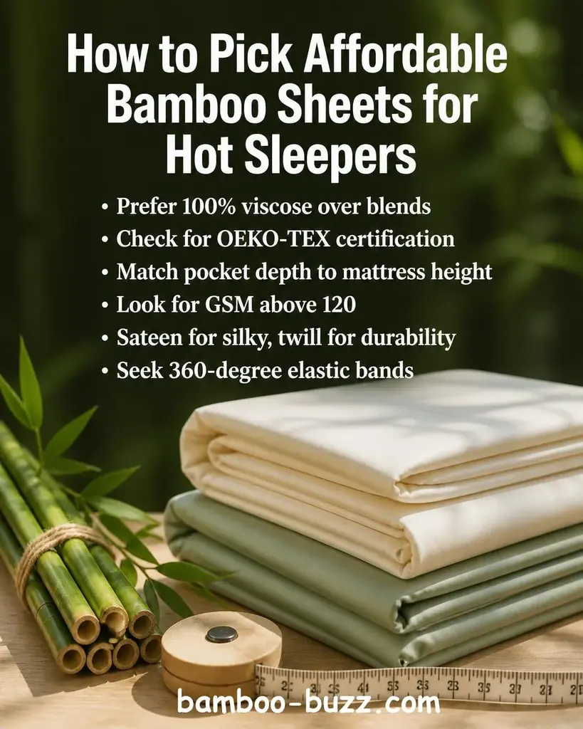 Folded bamboo viscose sheets in soft cream and sage green stacked on a light wood surface with a small bundle of bamboo stalks and a measuring tape beside them, warm natural light, minimalist botanical flat lay - best affordable bamboo sheets