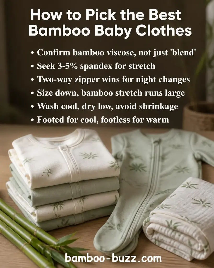 Folded bamboo baby onesies and footed sleepers in soft cream and sage tones on a warm light wood surface with bamboo stalks and a small wooden bunny toy nearby, bright natural lighting - best bamboo baby clothes