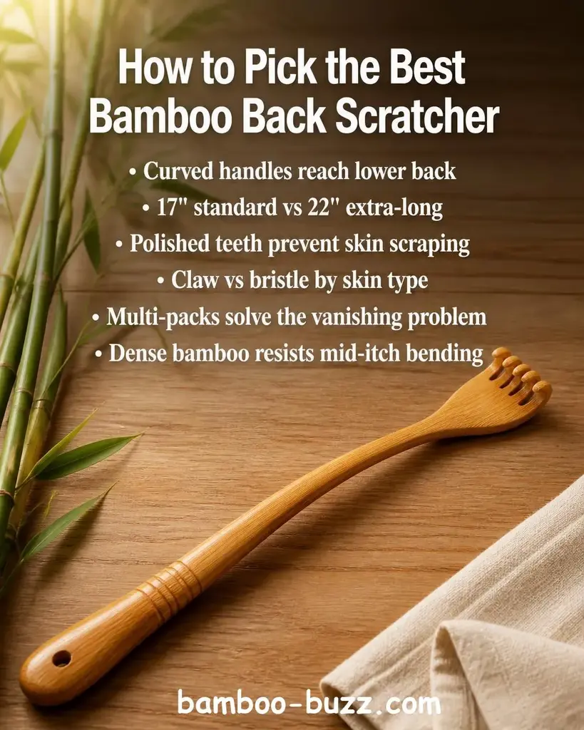 A polished bamboo back scratcher with curved handle and claw teeth resting on a warm light wood surface with thin bamboo stalks and a folded cream linen napkin in soft natural light - best bamboo back scratcher