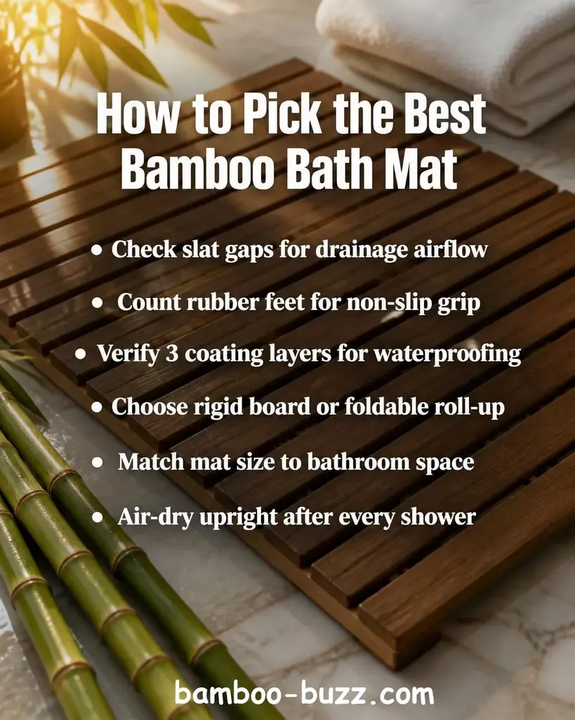 Slatted bamboo bath mat with visible gaps between wood boards on a light marble bathroom floor, fresh bamboo stalks arranged alongside, warm natural golden light, folded white linen towel in soft background - best bamboo bath mat