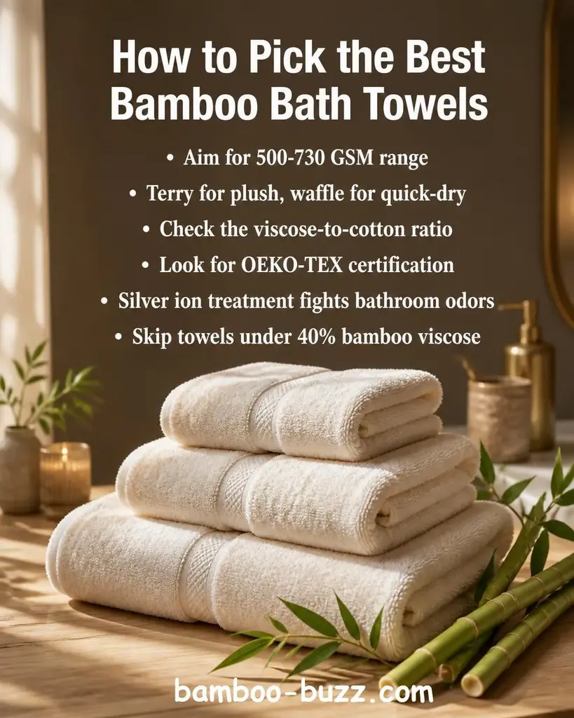 Neatly folded stack of plush cream-colored bamboo bath towels on a warm light wood surface with thin bamboo stalks and green leaves nearby in soft natural light - best bamboo bath towels