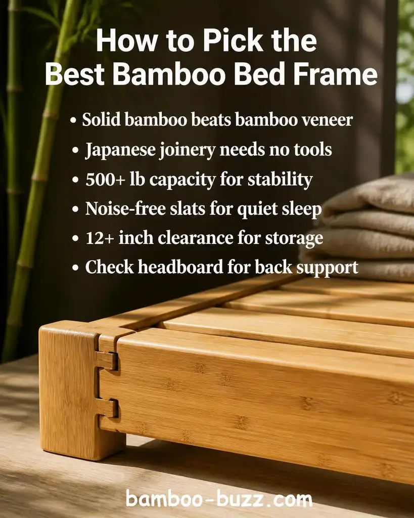 Bamboo bed frame plank and platform slat panel with visible natural grain and interlocking joinery on a light wood surface with bamboo stalks and folded linen in the background - best bamboo bed frame