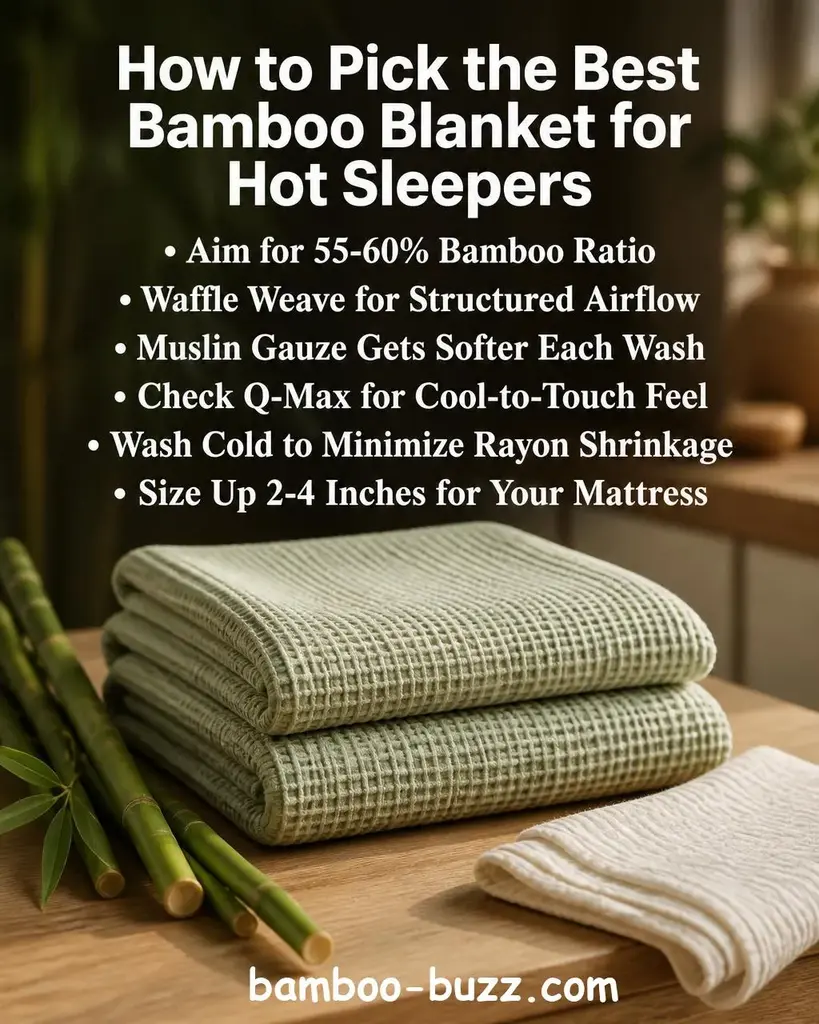 Neatly folded bamboo blanket in soft sage and cream tones on a warm light wood surface with a few bamboo stalks and a folded waffle-texture fabric edge visible, natural sunlight casting soft bokeh in the background - best bamboo blanket