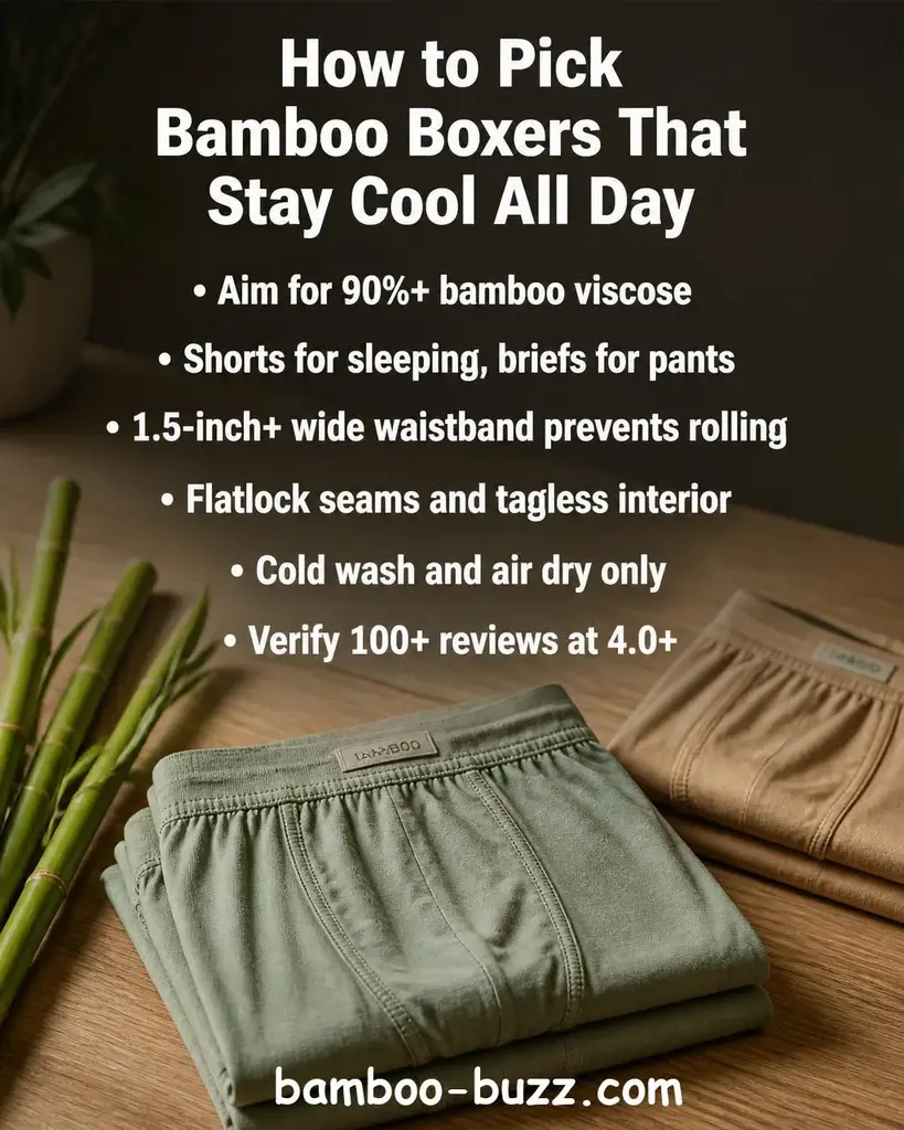 Folded sage green bamboo boxer shorts with bamboo stalks on a warm light wood surface, a second tan pair folded nearby in soft natural light - best bamboo boxers