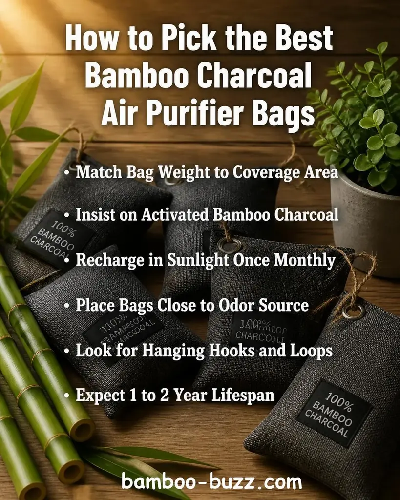 Bamboo charcoal air purifier bags in linen pouches arranged on a warm wood surface with bamboo stalks and soft natural light - best bamboo charcoal air purifier bags