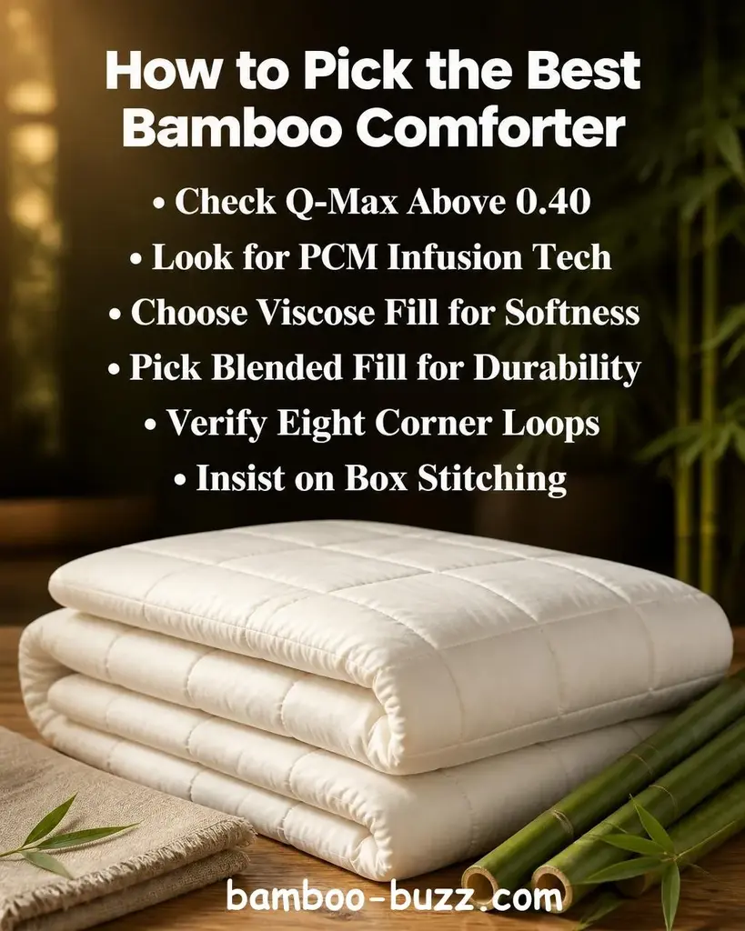Folded white bamboo comforter with visible box stitching on a light wood surface, surrounded by bamboo stalks and a folded linen fabric texture, warm natural light with soft bokeh background - best bamboo comforter