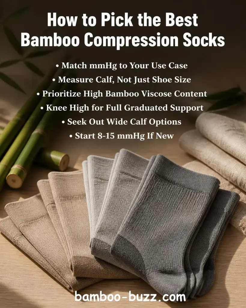 Folded bamboo compression socks in soft tan and grey tones arranged on a light wood surface with bamboo stalks and a folded fabric texture in soft natural bokeh background - best bamboo compression socks