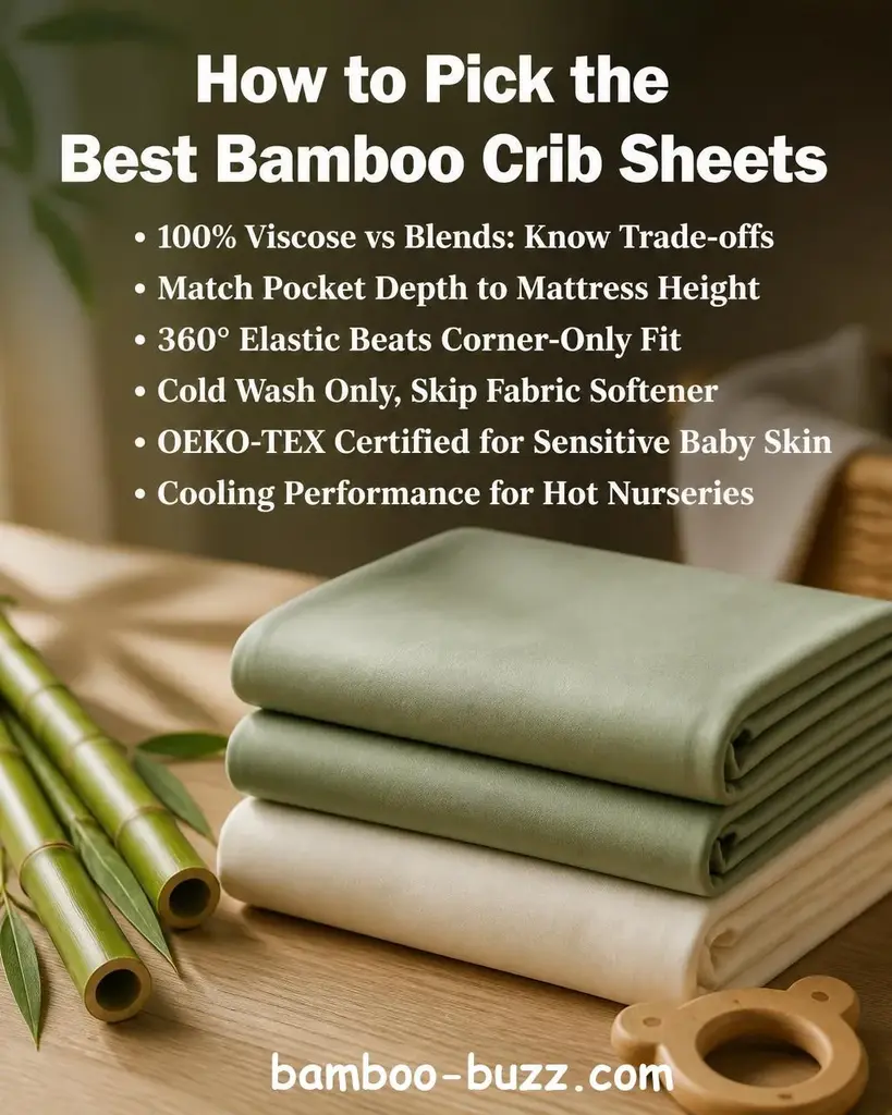 Folded sage green and cream bamboo crib sheets stacked on a warm light wood surface with bamboo stalks and a small wooden teether beside them - best bamboo crib sheets