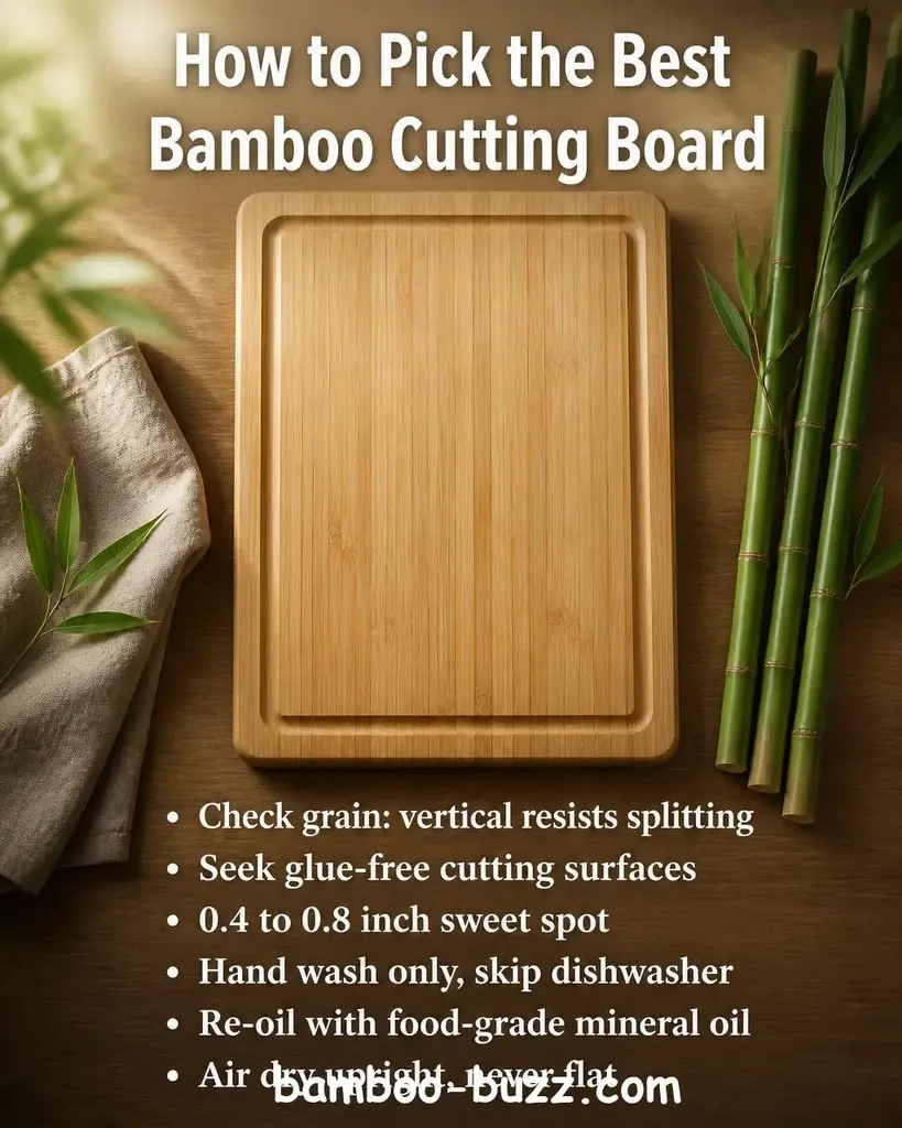 Bamboo cutting board with bamboo stalks and a folded linen napkin on a warm light wood surface under soft natural light - best bamboo cutting board