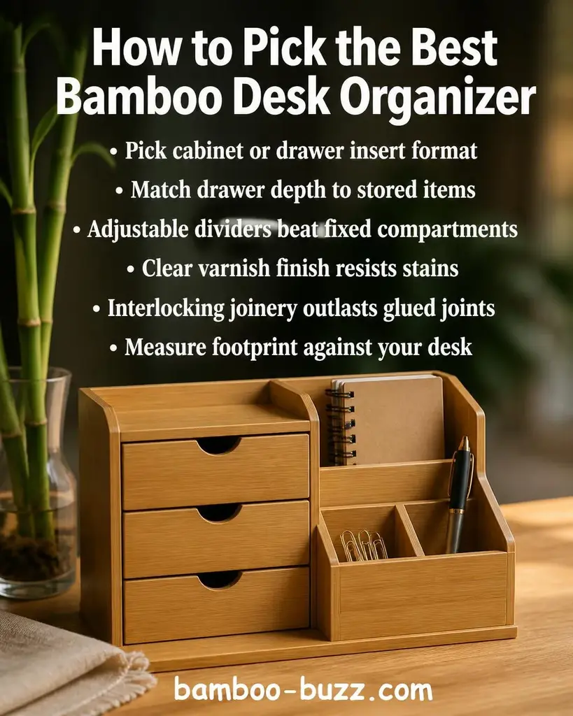 Bamboo desk organizer with small drawers and compartments on a warm light wood surface, with bamboo stalks and a folded linen fabric nearby, soft natural lighting - best bamboo desk organizer