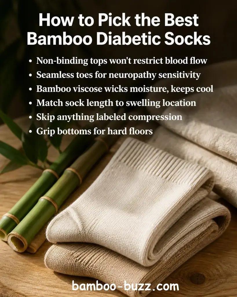 Folded cream and tan bamboo viscose socks arranged on a warm light wood surface with bamboo stalks beside them, soft natural light and linen texture in the background - best bamboo diabetic socks